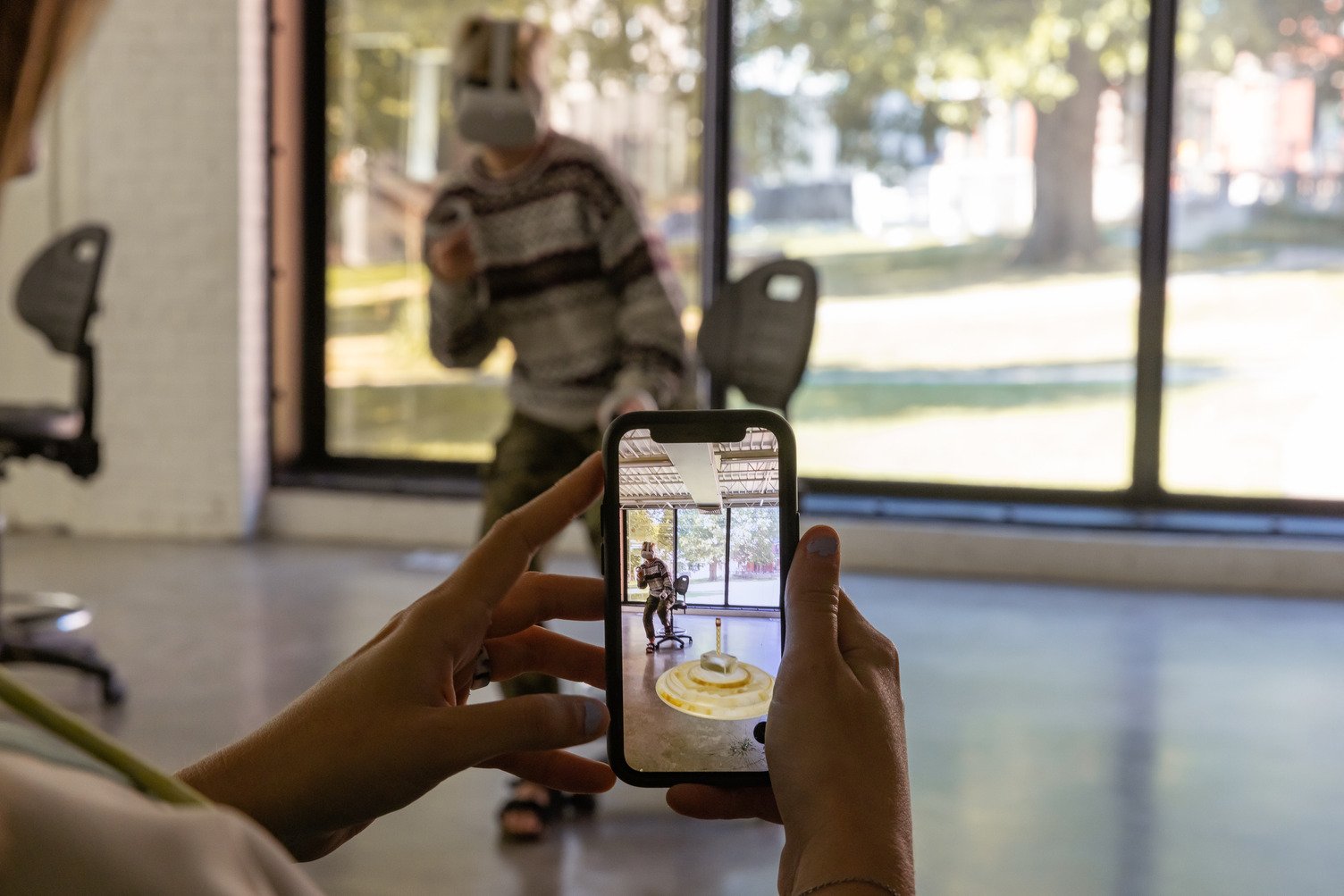 Students test augmented reality demo in the Junius B. Irving Product Design Studio